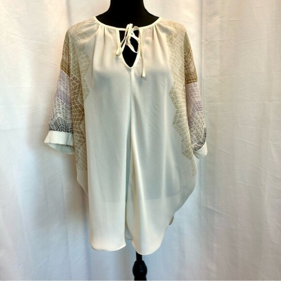 Madison Paige cream web sleeve bat wing front tie blouse semi sheer Sz L - Picture 4 of 15
